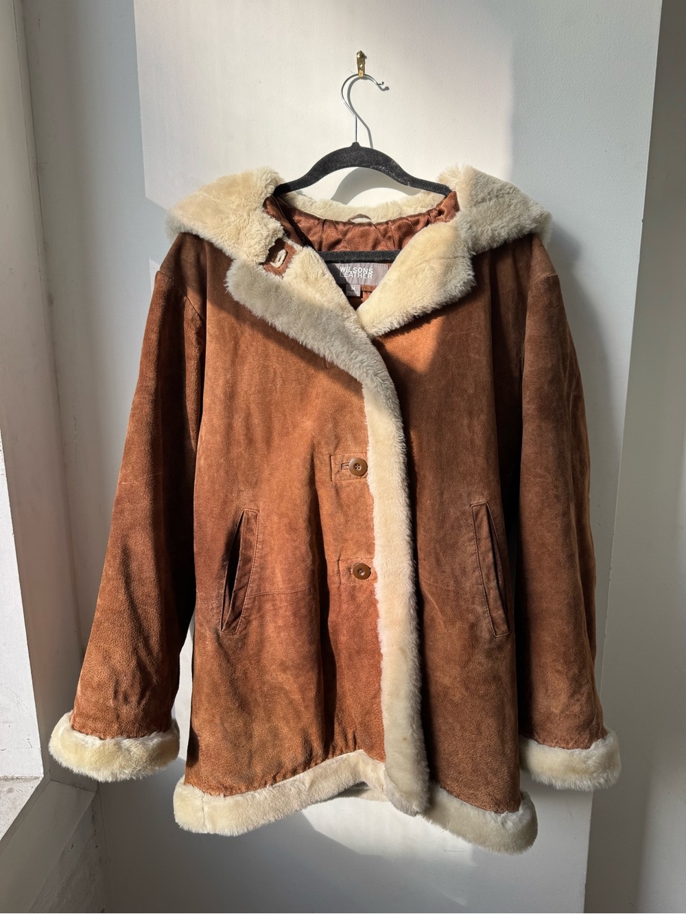 Vintage Wilsons Leather Brown Suede Coat with Cream Faux Fur Trim